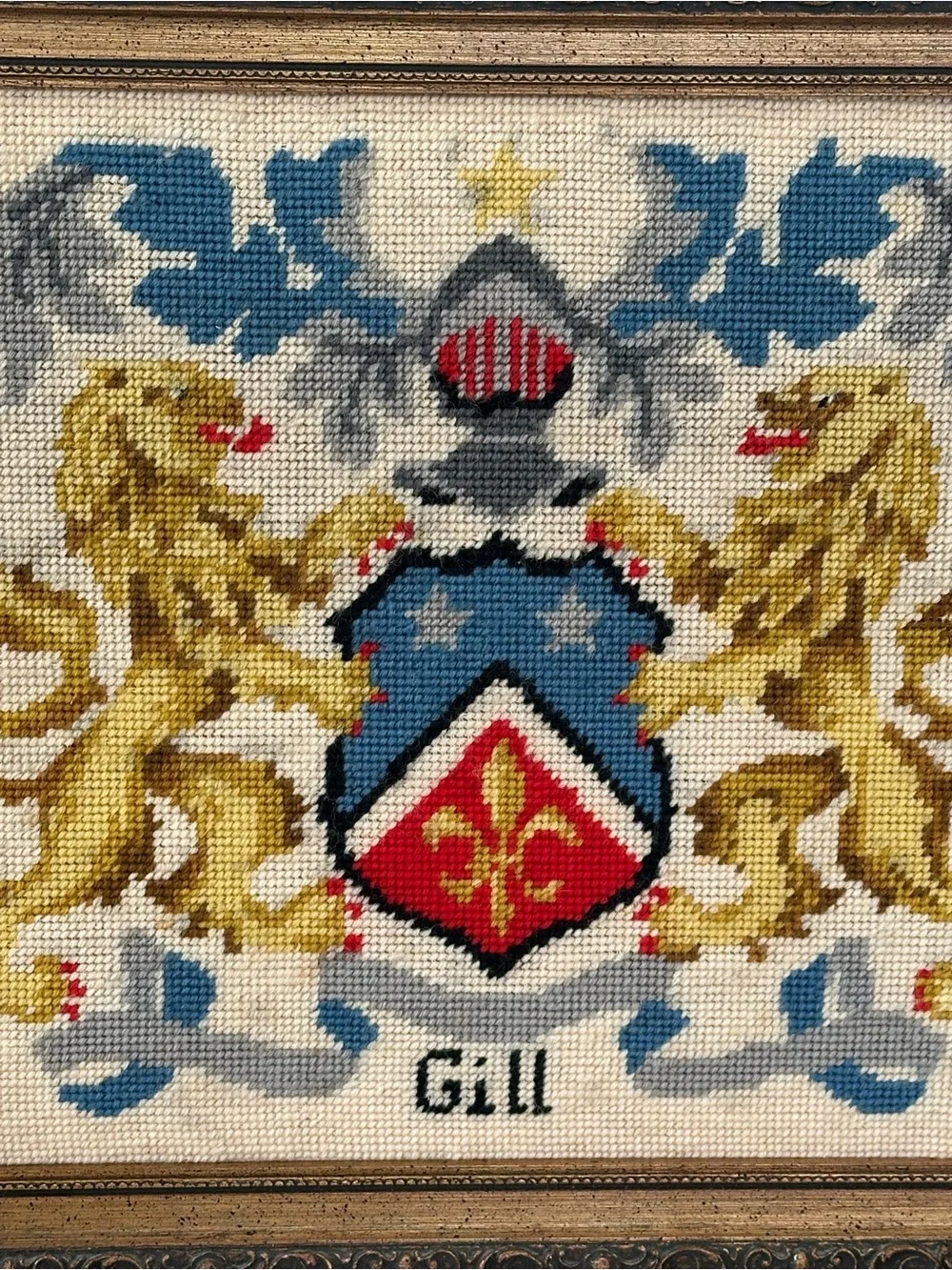 Handcrafted Heraldic Lion Needlepoint Wall Art in Gold / Blue GILL FAMILY CREST